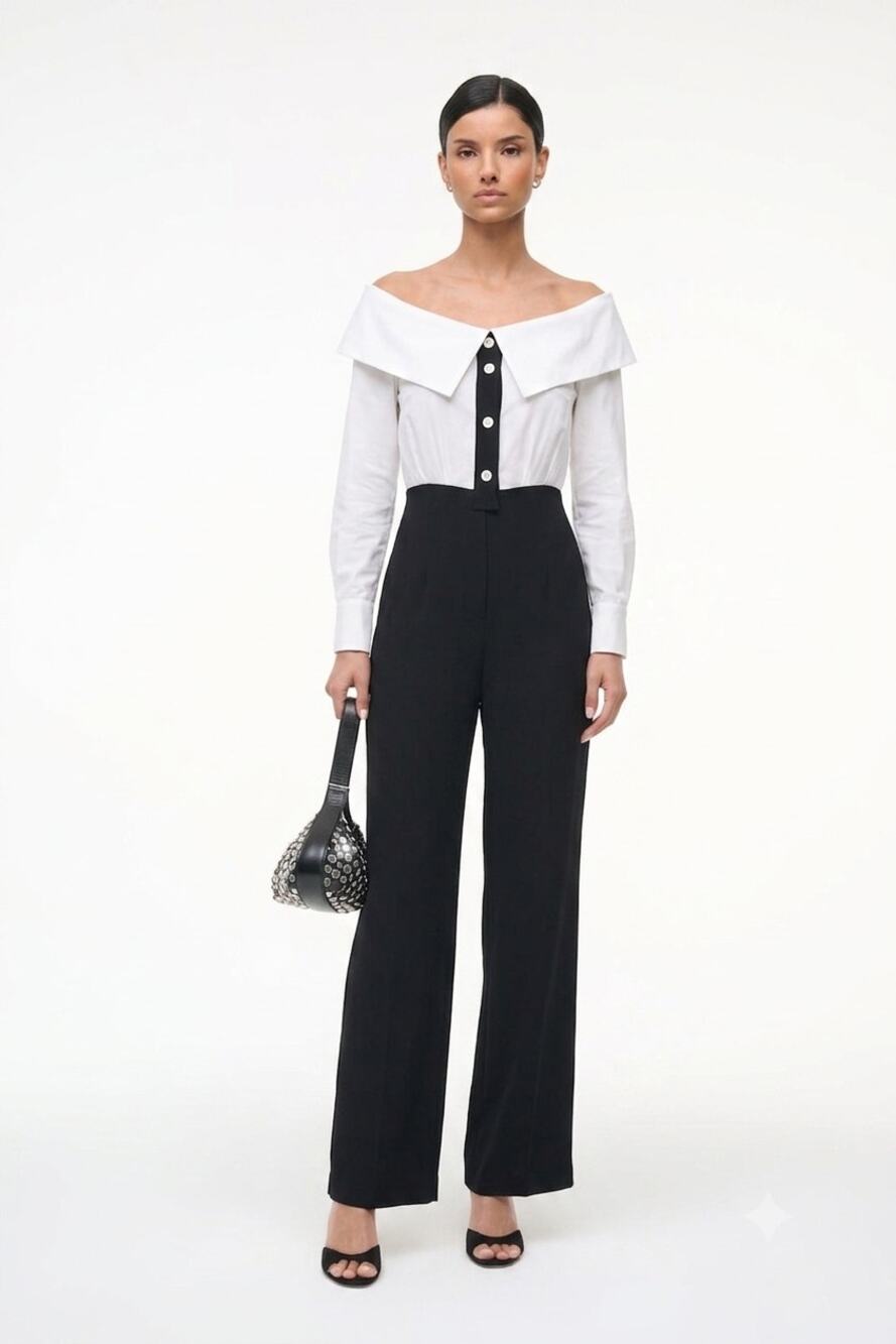STAUD Palladium Off-the-Shoulder Collared Jumpsuit Black White Size 0